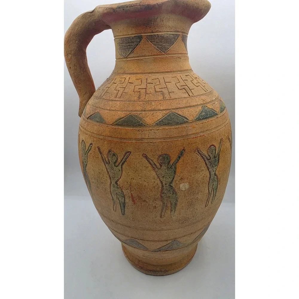 Rustic Terracotta Greek Revival Pitcher Dancing Figures Large Decorative Jug 14